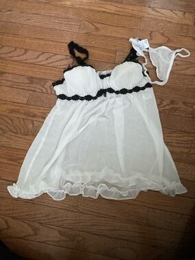 Linea Donatella White Sheer Babydoll with Black Lace Trim